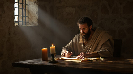 Apostle Paul writing letters by candlelight inside a stone prison, symbol of perseverance and faith