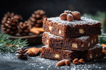 Stack of nutty brownies dusted with powdered sugar.