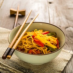 Bowl of stir-fried noodles with peppers