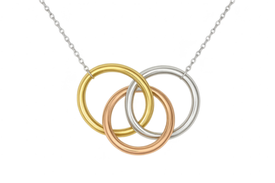 Elegant interlocking gold, silver, and rose gold necklace, isolated view on transparent backdrop