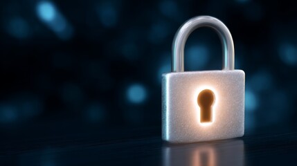 Padlock with Glowing Key Padlock symbol of security illuminated by a radiant key resting on its surface Suggests access or solution.