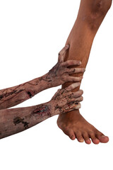 The zombies hand with wounds and blood catches a human foot isolated over a white background....