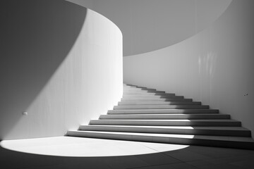 Monochrome spiral staircase with curved wall and soft light shadows