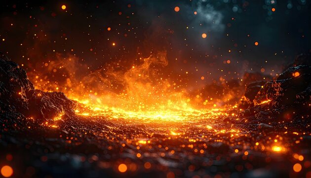 Fiery landscape with glowing embers and sparks