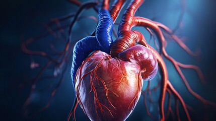 An anatomical illustration of the heart with bright blue and red vessels for creating medical and scientific content