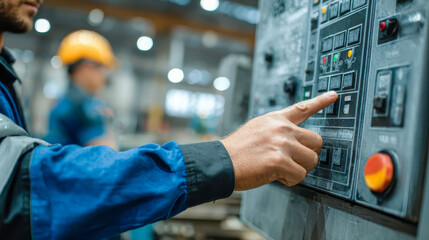 Factory worker operating industrial control panel machinery