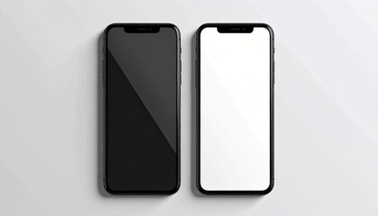 Two black smartphones, one black screen, one white screen, on a light gray surface