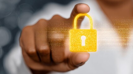 Hand holding padlock security object in human grip Close up of hand gripping metal padlock symbolizing security protection or locked secret.