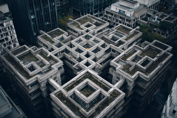 Aerial view of dense urban housing complexes with interlocking concrete blocks in monochrome cityscape