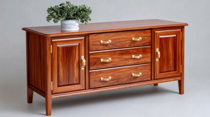 Wooden sideboard with houseplant on top against grey background