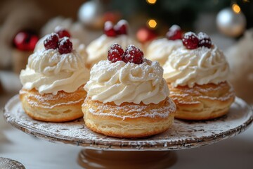 cream pastries topped with whipped cream and raspberries on a plate.