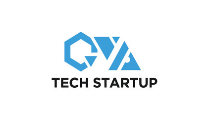 Modern geometric logo design featuring abstract shapes and the text "TECH STARTUP" against a clean white background.