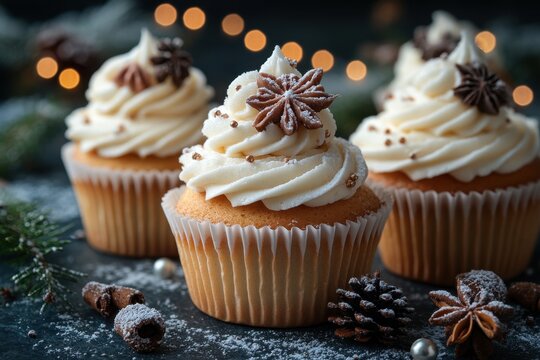 cupcakes with cream frosting and chocolate sprinkles.