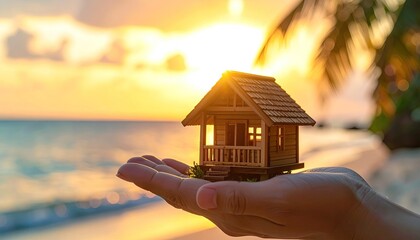 Miniature wooden house held in hand, sunset beach backdrop