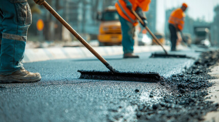 Road construction workers spreading fresh asphalt using rakes