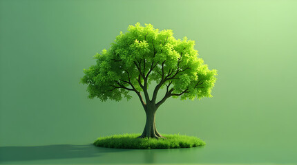 Single Tree Growing on Green Grass Isolated Against Green Background