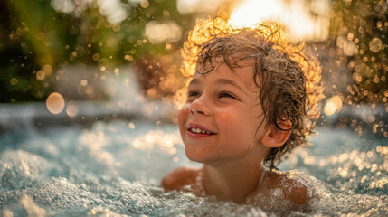 Happy child enjoying bath in a hot tub during sunset