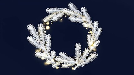 Elegant frosted white pine wreath adorned with shimmering golden fairy lights against a dark blue background - Powered by Adobe