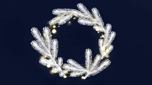 Elegant frosted white pine wreath adorned with shimmering golden fairy lights against a dark blue background