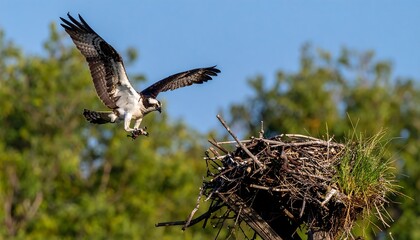 Osprey in flight, approaching a nest