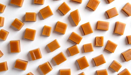 Caramel squares scattered on white