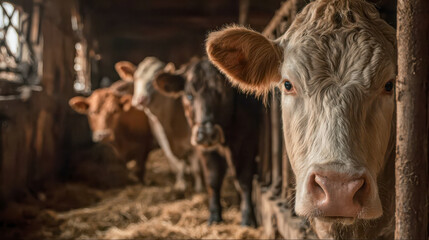 Group of cows eating hay inside barn