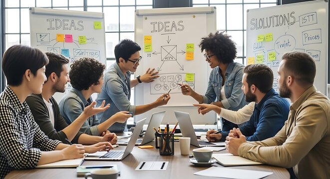 Diverse team brainstorming ideas together at a modern office conference table setting