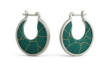 Teal and gold Kintsugi earrings isolated on transparent background, chic.