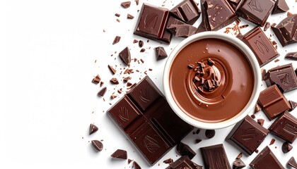 Melted chocolate in a bowl, surrounded by broken chocolate bars