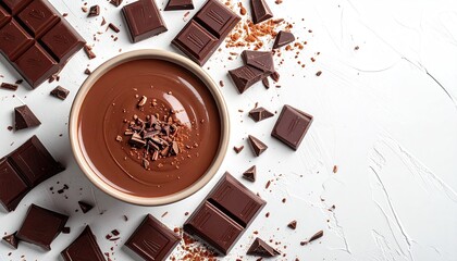 Chocolate sauce in bowl, surrounded by broken chocolate bars