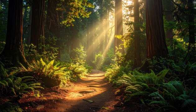 Sunlight streams down a forest path