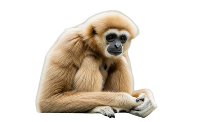 Obraz premium Photo of a light brown gibbon monkey sitting and looking thoughtful, isolated on transparent background