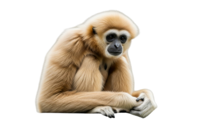 Photo of a light brown gibbon monkey sitting and looking thoughtful, isolated on transparent background