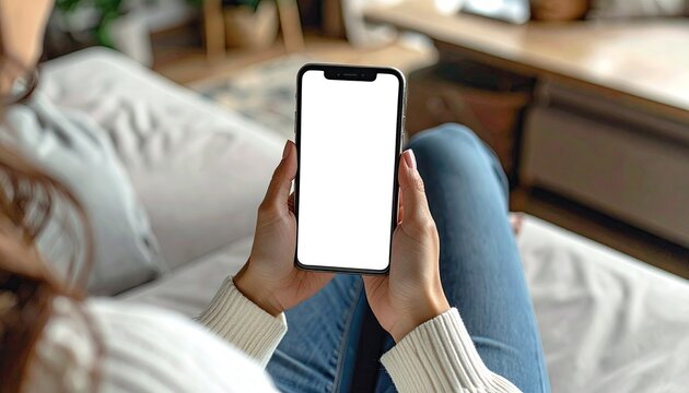 Woman holding blank phone screen on couch