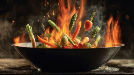 Chef tossing fresh vegetables in fiery wok, creating flavorful stir-fry