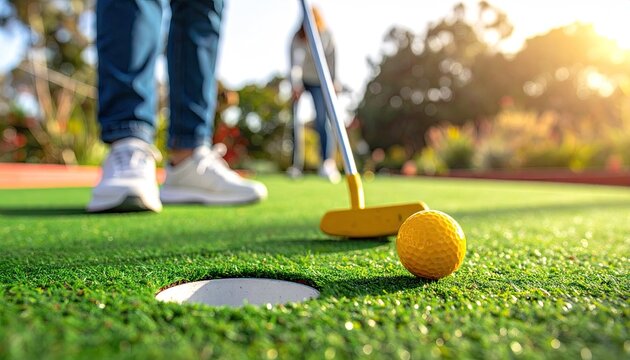 Close-up of miniature golf, legs, putter, ball, hole