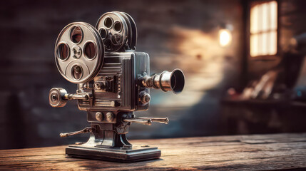 Fototapeta premium Old movie camera sitting on wooden table in vintage room recording