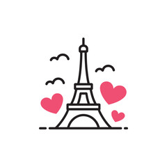 Charming Paris Illustration Featuring Eiffel Tower, Love Hearts, and Whimsical Clouds, Ideal for Travel and Romance Themes