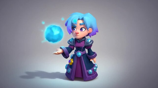 Animated cartoon character with magic ball floating indoors on grey background