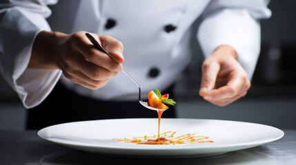 Chef plating elegant gourmet dish with orange sauce and garnish