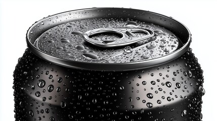 Simple 3D rendering of a black soda can with condensation water drops, isolated on white background.