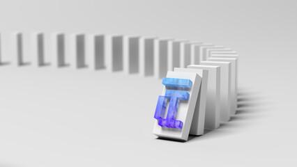 Domino effect. Start. AI text. Artificial intelligence. Blue and violet color. Pixel. Glassmorphism. 3d illustration.