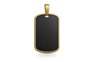 Modern gold framed dog tag with black metal, isolated, transparent background.