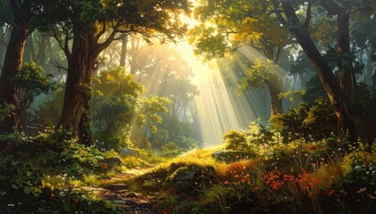 Sunlit forest path. Lush foliage, vibrant colors, sunlight beams