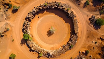 Circular desert landscape, aerial view.  A ring of rocks encircles a dry, sandy hollow. A lone tree stands in the center