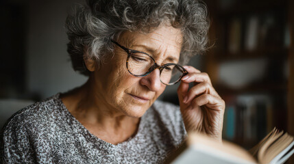 Senior woman adjusting glasses while reading a book