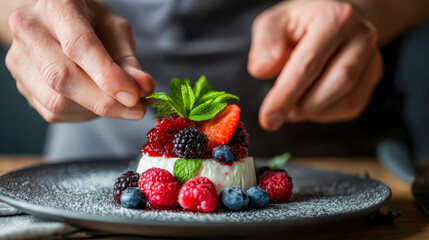 Pastry chef decorating delicious dessert with berries and mint