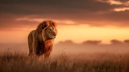 Majestic lion walking in the african savanna at sunset