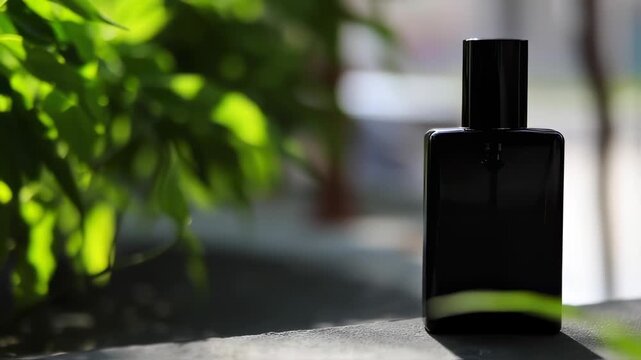 Black perfume bottle in outdoor setting