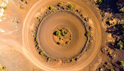 Aerial view of a circular, eroded path in a volcanic landscape